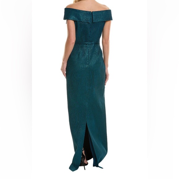 Teri Jon for Rickie Freeman Teal Off The Shoulder Long Dress Gown - Picture 2 of 14